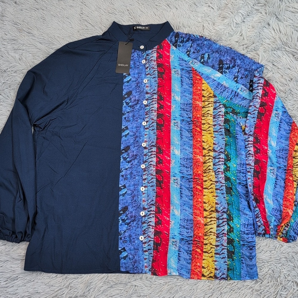 Sheilay Shirt Womens 3XL Blue Colorful Stretch‎ Casual Comfort Button Up New
